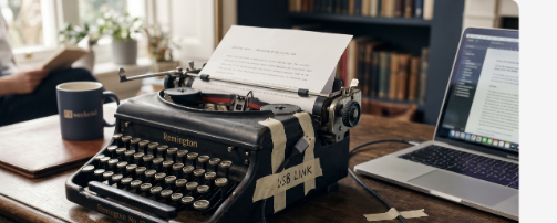 A vintage typewriter connected to a laptop on a desk