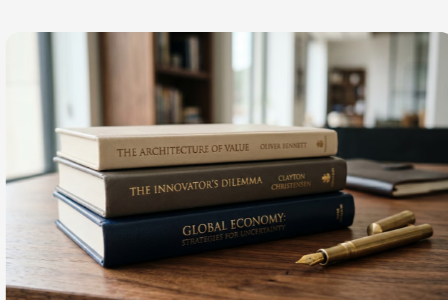 Books and pens on a wooden desk