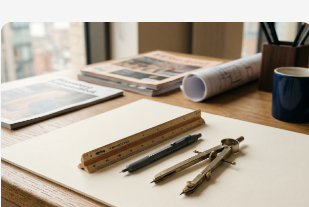 A desk with papers, a ruler, pens, and drafting tools