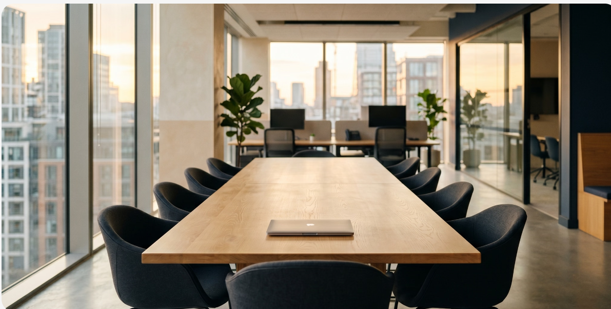 A modern office meeting room with a long table and city views