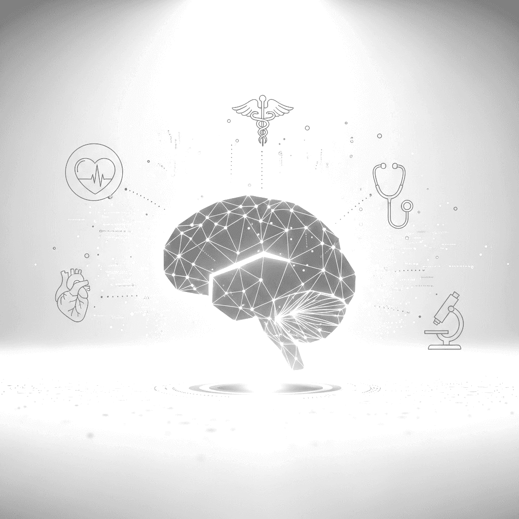AI neural network surrounded by clinical care symbols
