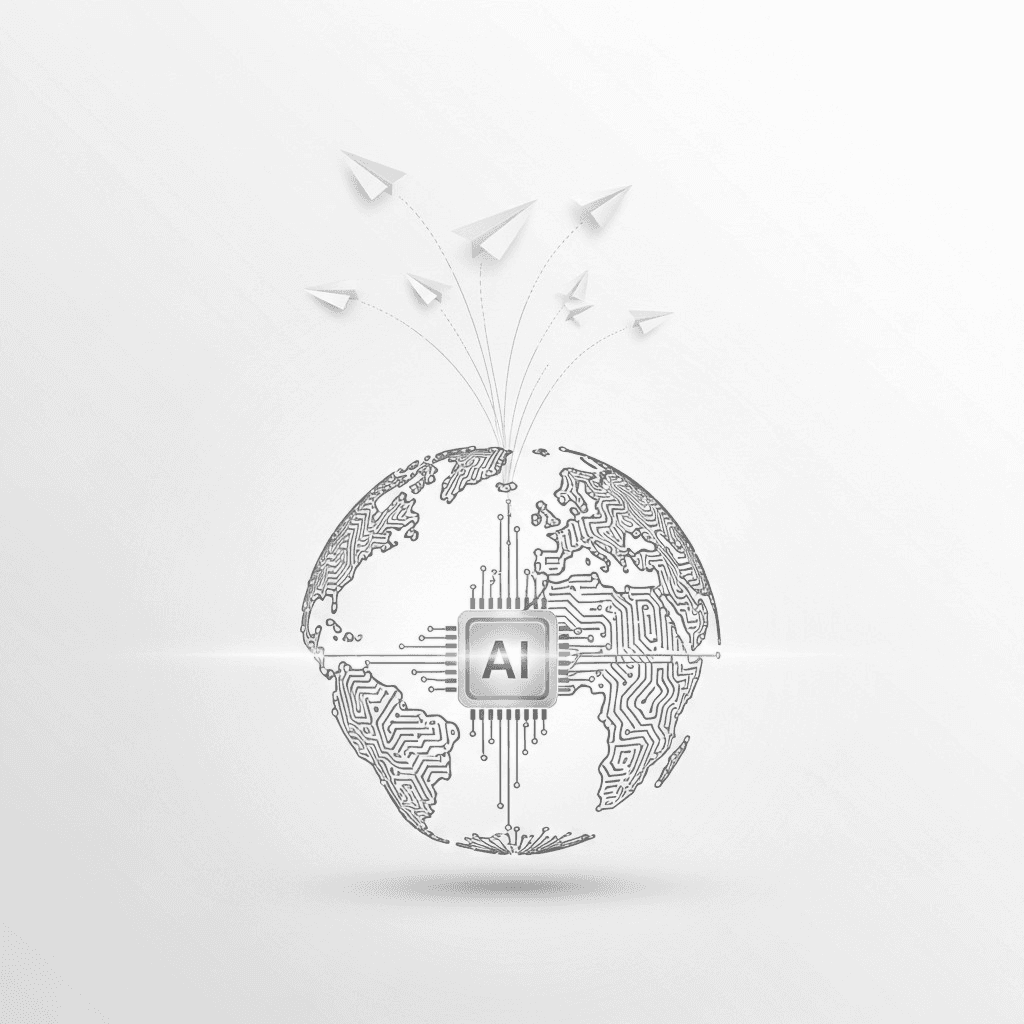 AI travel network connecting a digital globe with global routes