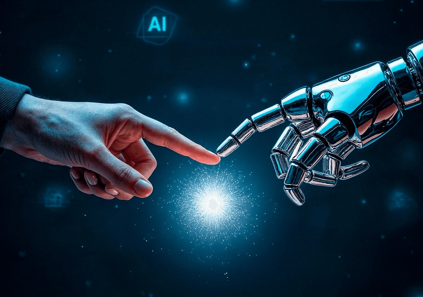 A human hand reaching toward a robotic hand against a digital AI backdrop