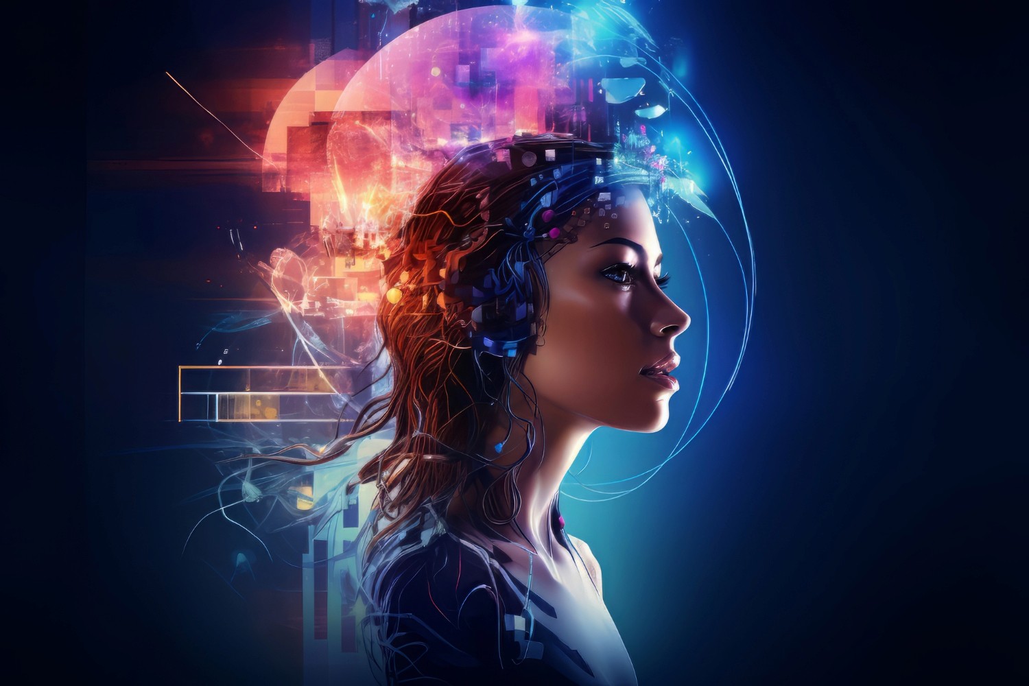 Profile of a woman surrounded by layered digital intelligence graphics