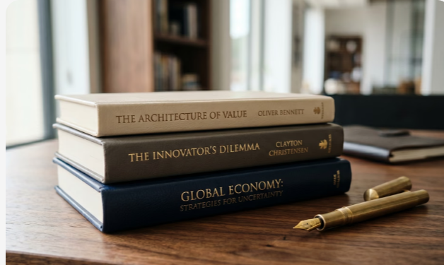 Books and pens on a wooden desk