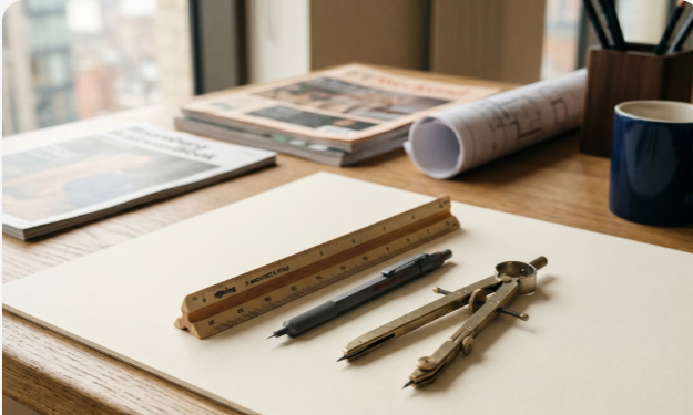 A desk with papers, a ruler, pens, and drafting tools